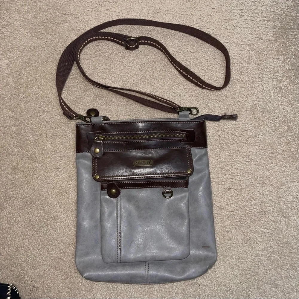 Chala Handbags Gray Brown Crossbody Bag Faux Leather Multi Pocket Boho Casual